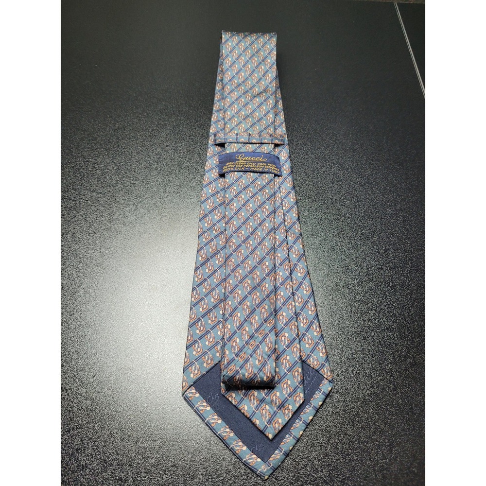 Gucci Men's Necktie Blue Geometric Stirrup 100% Silk 3.5" x 58" Excellent - Picture 3 of 9